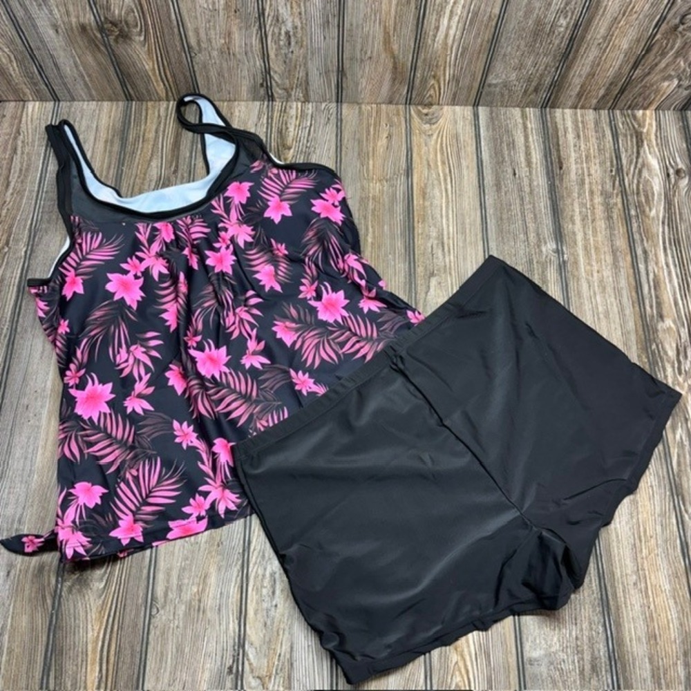 Tropical Floral Tankini Set Pink Hibiscus Palm Print Boy Shorts Black XL